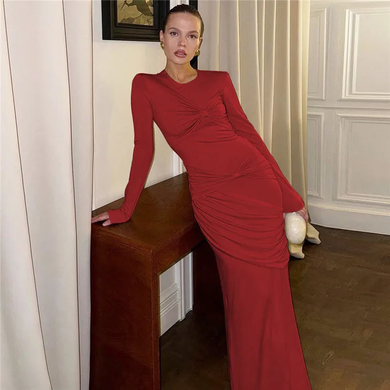Long Sleeve Ruched Sexy Maxi Dress For Women Autumn New Fashion Solid O Neck Bodycon Long Dress Elegant Clubwear