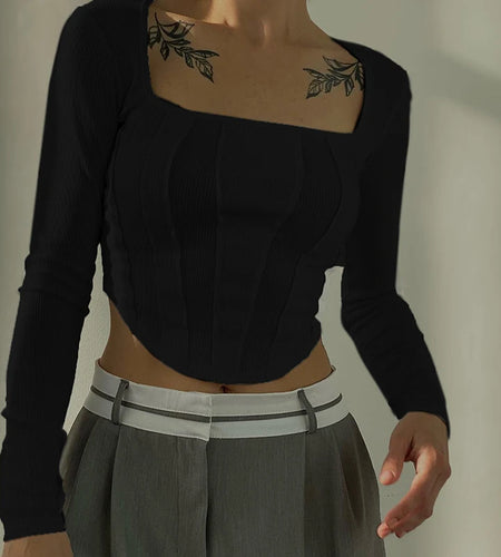 Casual Square Neck White Stitch Women T-shirts Solid Skinny Basic Cropped Top Streetwear Autumn Tee Shirt All-Match