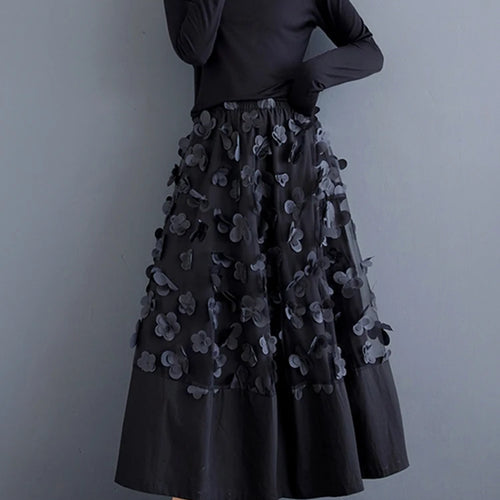 Load image into Gallery viewer, High Elastic Waist Black Flower Mesh Spliced A-line Half-body Skirt Women Fashion Tide New Spring Autumn 2025 1DJ0315
