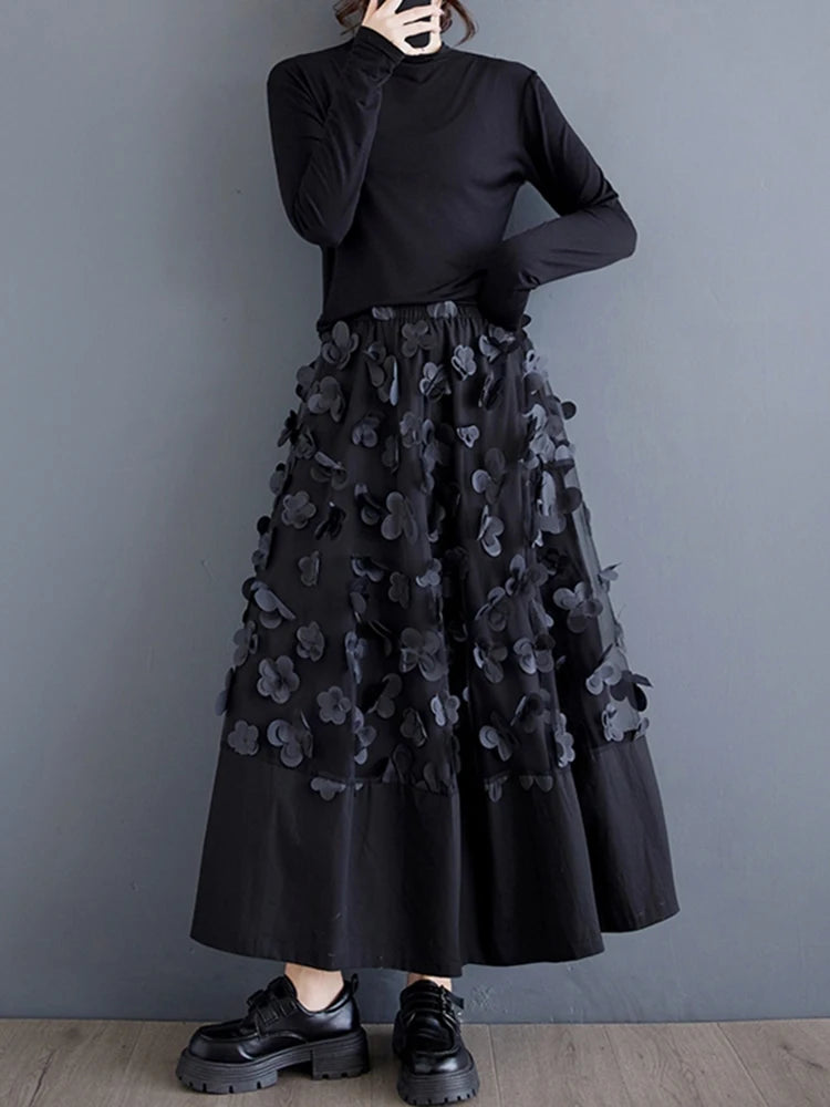High Elastic Waist Black Flower Mesh Spliced A-line Half-body Skirt Women Fashion Tide New Spring Autumn 2025 1DJ0315