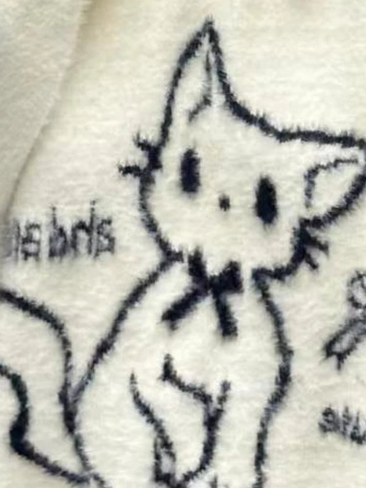 Japanese Oversize Fur Sweater Autumn Cartoon Cat Kawaii Cute Loose Women Pullover Y2k Aesthetic Hole Preppy Style Grunge Tops