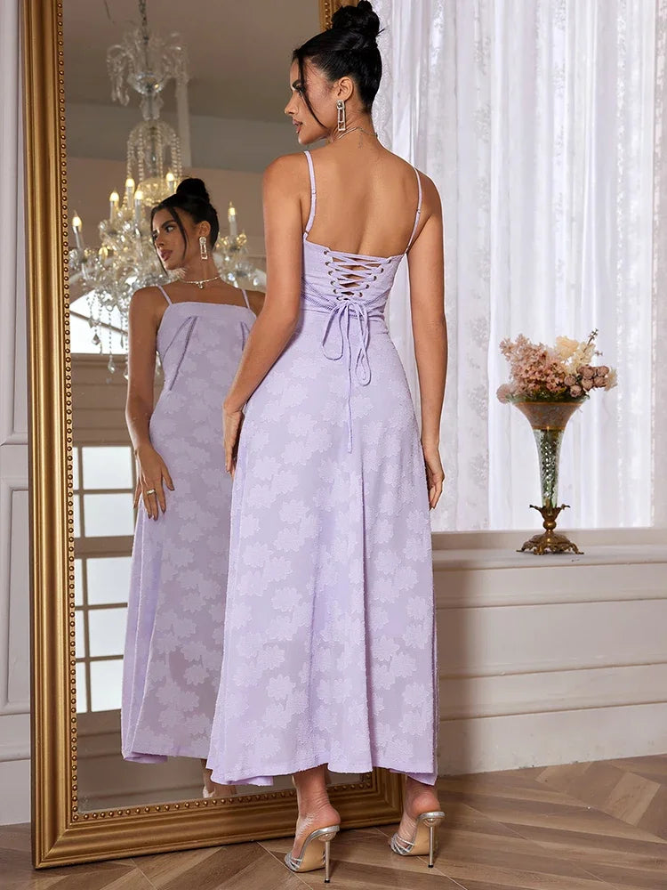 Summer Elegant Maxi Dress 2024 New Arrival Purple Spaghetti Strap Wedding Guest Dress Lace Up Party Dresses