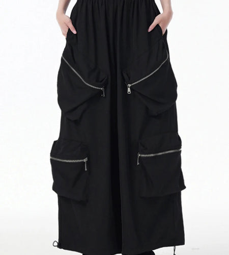High Elastic Waist Black Zipper Pockets Shaped Wide Leg Pants New Trousers Women Fashion Tide Spring Autumn 2025  1DJ0901