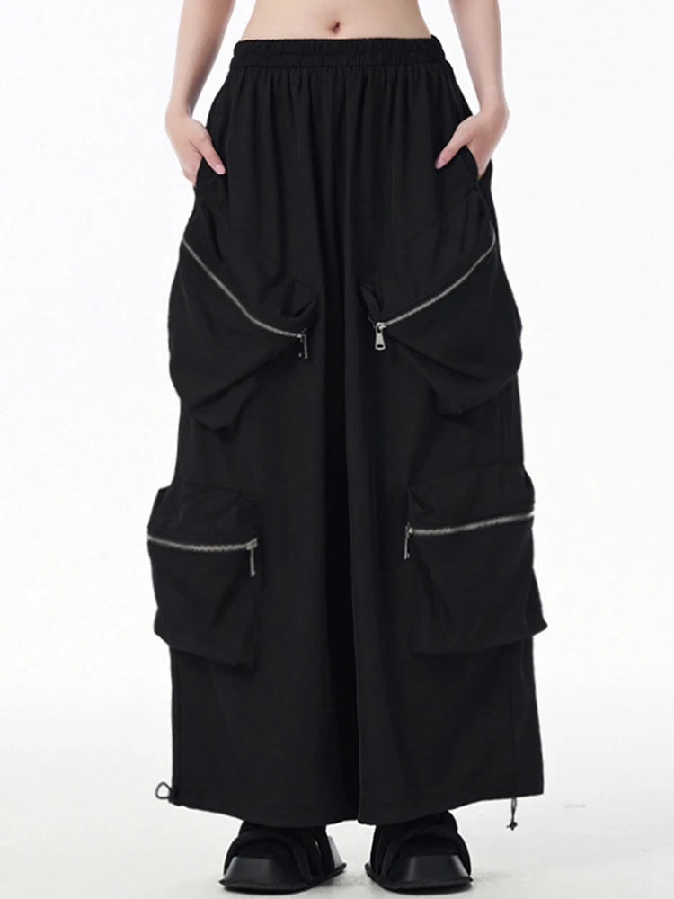 High Elastic Waist Black Zipper Pockets Shaped Wide Leg Pants New Trousers Women Fashion Tide Spring Autumn 2025  1DJ0901