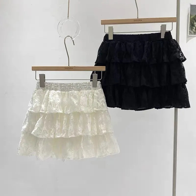 Vintage Sweet Beige Kawaii Fluffy Short Skirt Women Black Elegant High Waist A-line Lace Cake Mini Skirts Summer Trend Romantic
