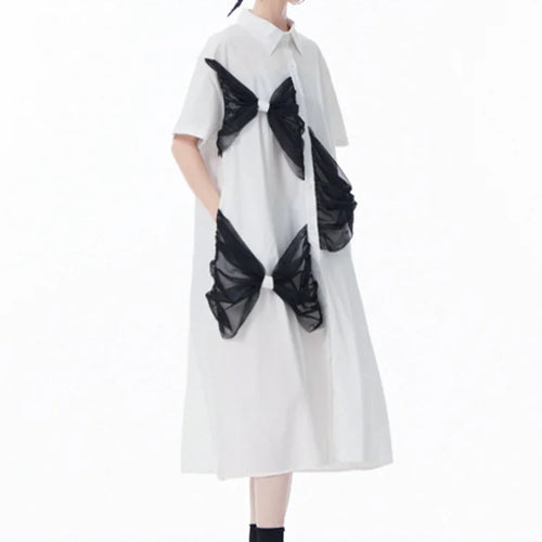 Load image into Gallery viewer, Women White Mesh Bow Color-block Big Size Shirt Dress New Lapel Short Sleeve Fashion Tide Spring Summer 2025 1DJ0048
