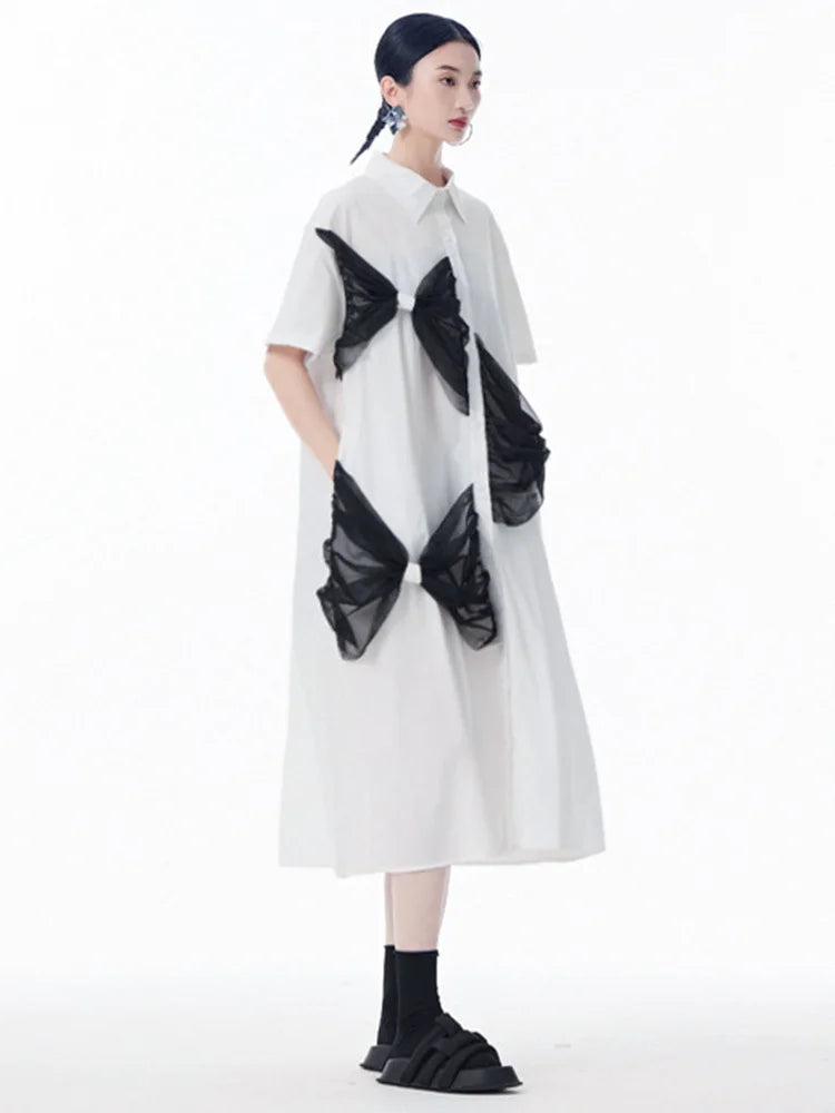 Women White Mesh Bow Color-block Big Size Shirt Dress New Lapel Short Sleeve Fashion Tide Spring Summer 2025 1DJ0048