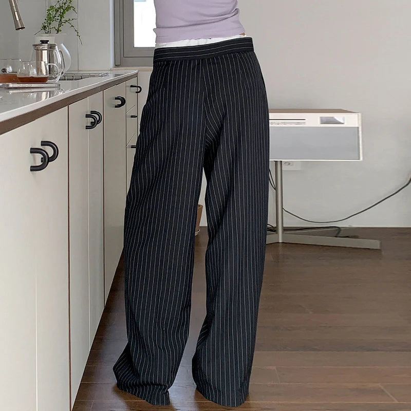 Fashion Chic Stripe Women Trousers Elegant Patched Drawstring Full Length Pants Contrast Color Office Ladies Capris