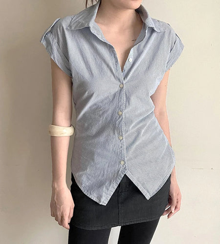 Casual Blue Striped Skinny Summer Shirts Women Chic Curved hem With Breasted Buttons Blouse Lady Short Sleeve Top New