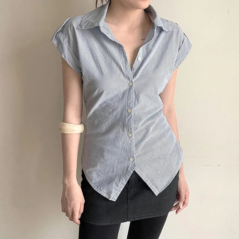 Casual Blue Striped Skinny Summer Shirts Women Chic Curved hem With Breasted Buttons Blouse Lady Short Sleeve Top New