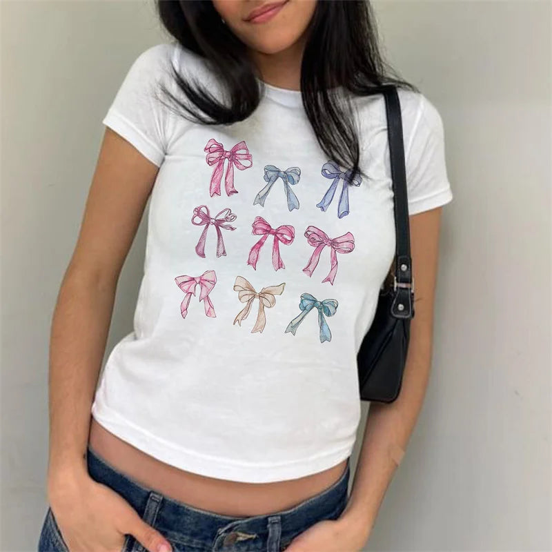 y2k Baby Tees Women Casual Graphic Print Round Neck Short Sleeve Cropped T Shirts 2000s Aesthetic Clothes Streetwear