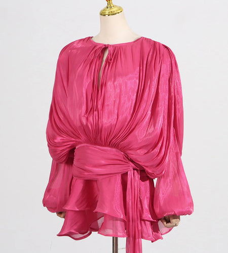 Solid Spliced Lace Up Mini Dresses For Women O Neck Long Sleeve High Waist Designer Dress Female Fashion Style New