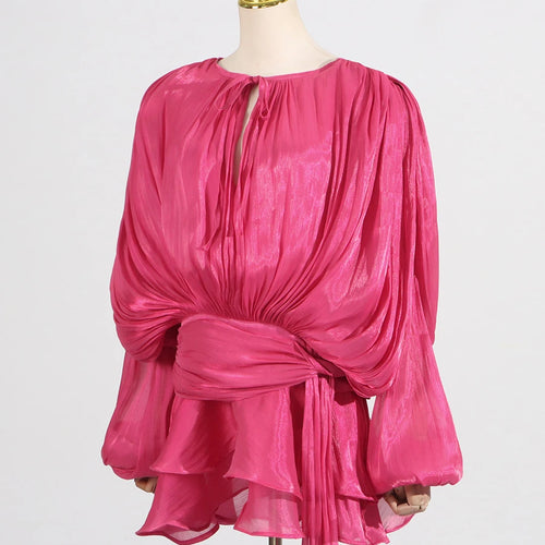 Load image into Gallery viewer, Solid Spliced Lace Up Mini Dresses For Women O Neck Long Sleeve High Waist Designer Dress Female Fashion Style New
