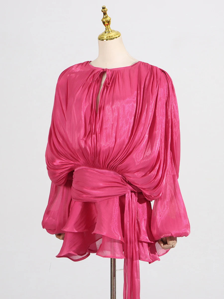 Solid Spliced Lace Up Mini Dresses For Women O Neck Long Sleeve High Waist Designer Dress Female Fashion Style New