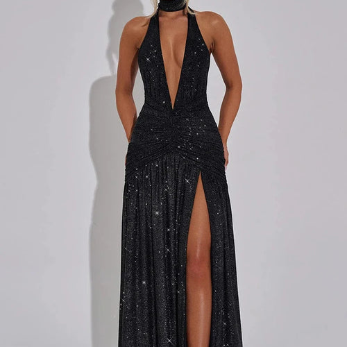 Load image into Gallery viewer, Glitter Deep V Neck Sexy Maxi Dress For Women 2025 Fashion Sparkle Halter Sleeveless Backless Split Club Long Dress

