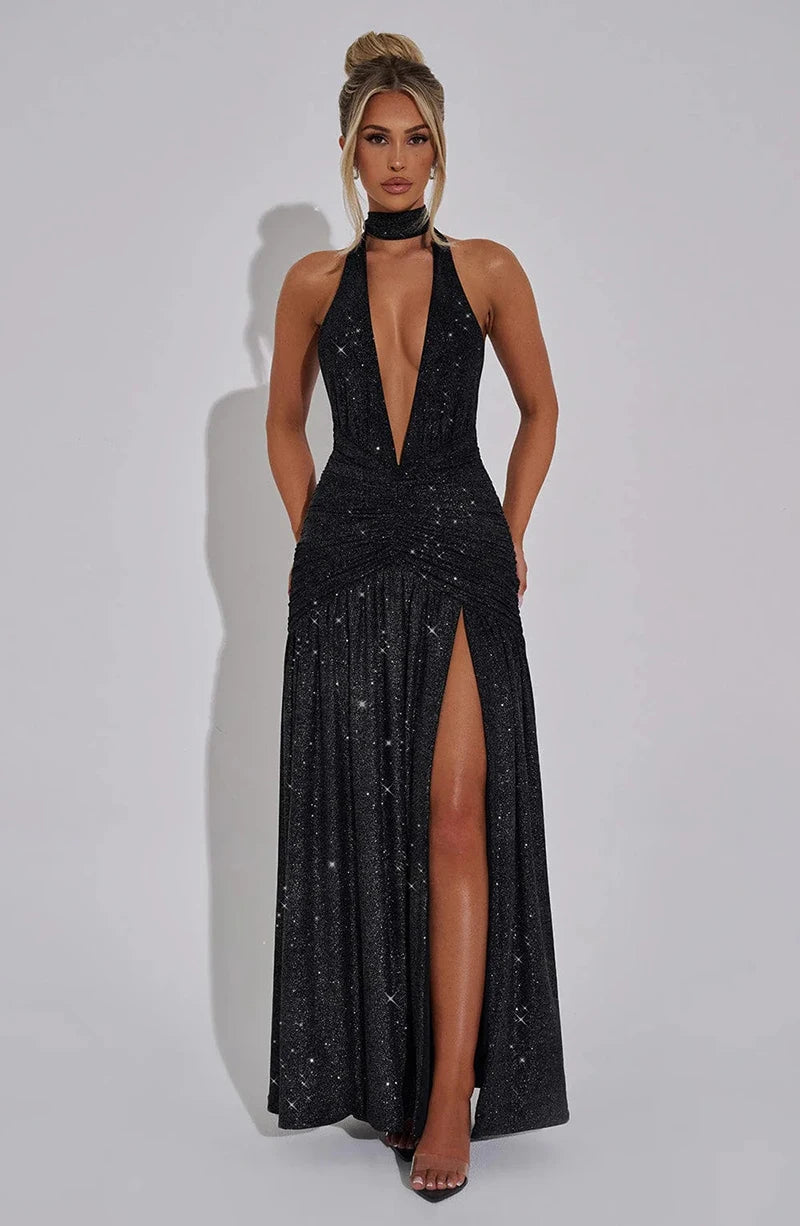 Glitter Deep V Neck Sexy Maxi Dress For Women 2025 Fashion Sparkle Halter Sleeveless Backless Split Club Long Dress