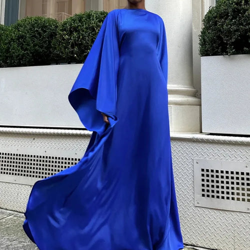Load image into Gallery viewer, Fashion Satin Long Sleeved Large Opening Long Dress Women Slim Round Neck Robe Dress Female Elegant Party Evening Dress
