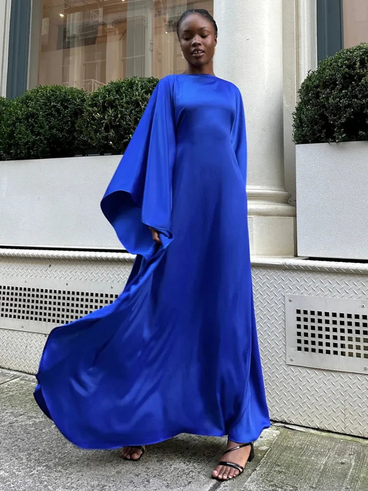 Fashion Satin Long Sleeved Large Opening Long Dress Women Slim Round Neck Robe Dress Female Elegant Party Evening Dress