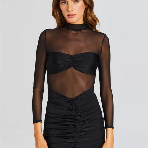 Load image into Gallery viewer, Sheer Long Sleeve Ruched Sexy Maxi Dress Women Fashion Half High Collar See Through Backless Bodycon Sexy Long Dress
