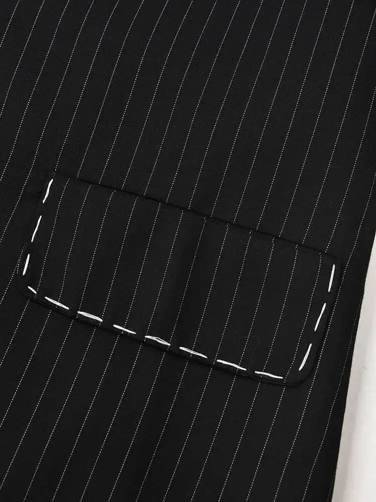 Women Black Striped Topstitched Big Size Blazer New Lapel Long Sleeve Loose Fit Jacket Fashion Spring Autumn 2025 17A6435