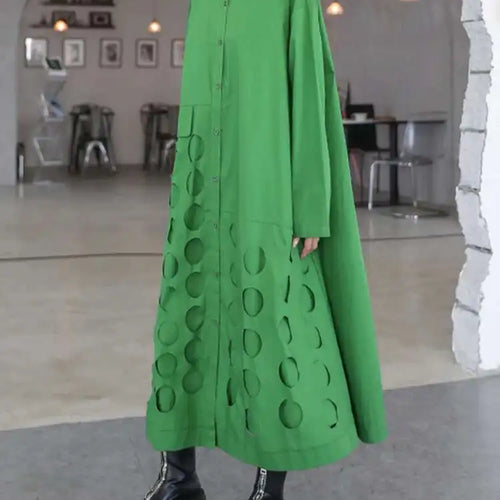 Load image into Gallery viewer, Women Black Hollow Out Big Size Midi Shirt Dress New Lapel Long Sleeve Loose Fit Fashion Tide Spring Autumn 2025 1DF6037
