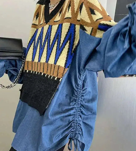 Pattern Denim Big Size Knitting Sweater Round Neck Long Sleeve Women Pullovers New Fashion Spring Autumn 2025  1DH0152