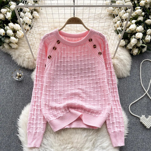 Load image into Gallery viewer, Autumn Winter White Long Sleeved Versatile Button Sweater Vintage Sweet Bow Pink O Neck Knitted Loose Pullover Tops Women Simple
