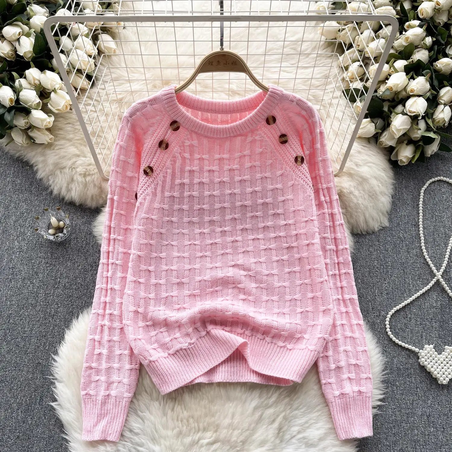 Autumn Winter White Long Sleeved Versatile Button Sweater Vintage Sweet Bow Pink O Neck Knitted Loose Pullover Tops Women Simple