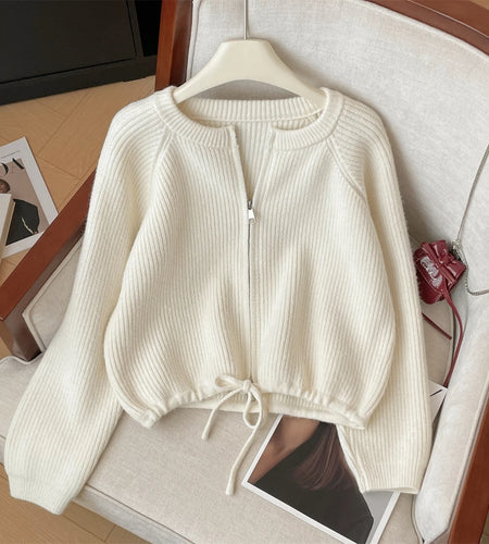 Korean Autumn Winter Beige Grey Long Sleeves Zipper Knit Sweater Women Red Drawstring Round Neck Versatile Short Cardigan Tops