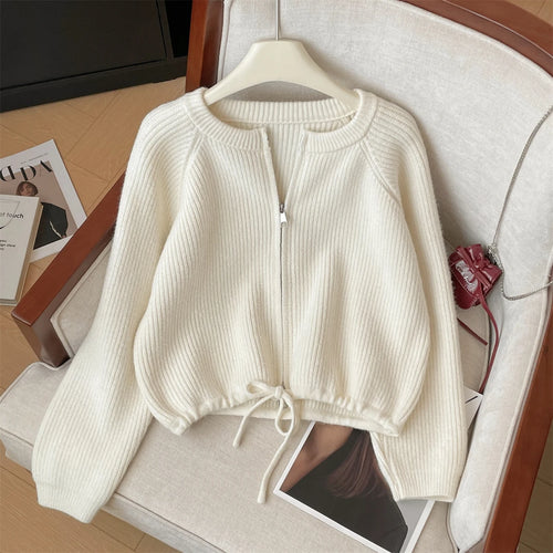 Load image into Gallery viewer, Korean Autumn Winter Beige Grey Long Sleeves Zipper Knit Sweater Women Red Drawstring Round Neck Versatile Short Cardigan Tops

