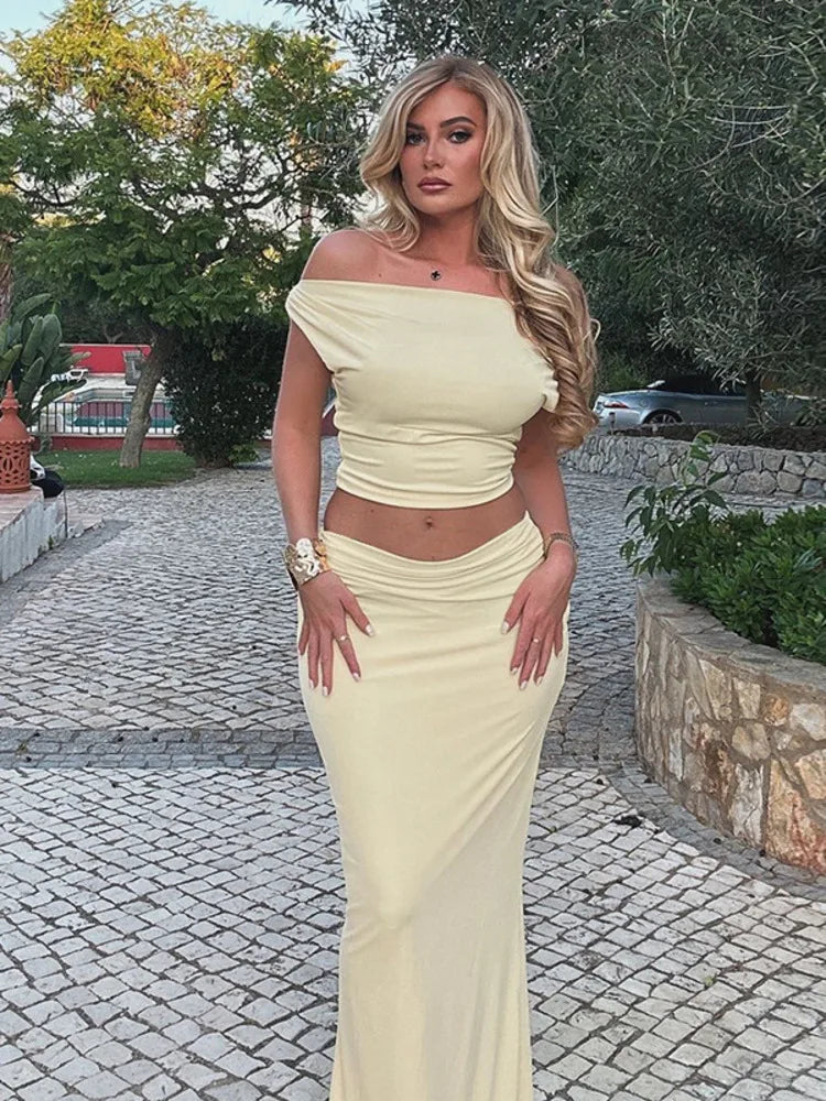 Sexy Skirt Two Pieces Sets For Women Sleeveless Slim Fit Off-shoulder Crop Top And Long Skirt Sexy Two Pieces Sets