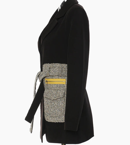 Women Black Tweed Pocket Elegant Long Blazer New Lapel Long Sleeve Loose Fit Jacket Fashion Spring Autumn 2025 1DE9891