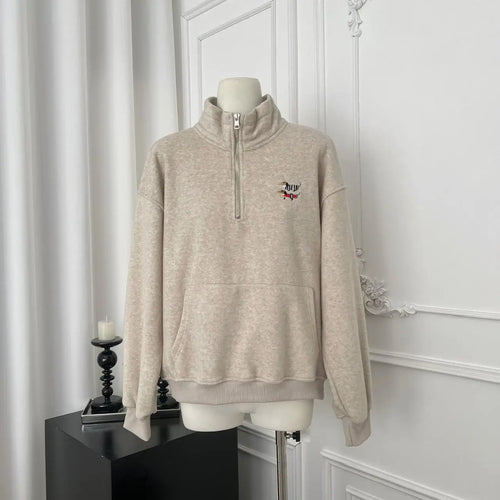 Load image into Gallery viewer, Korean Grey Dog Embroidery Half Zipper Stand Collar Sweatshirt Women 2024 Autumn Winter Beige Loose Pullover Long Sleeved Tops
