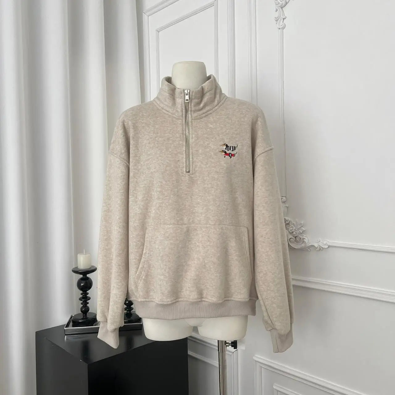 Korean Grey Dog Embroidery Half Zipper Stand Collar Sweatshirt Women 2024 Autumn Winter Beige Loose Pullover Long Sleeved Tops