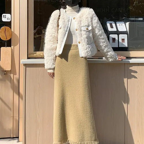 Load image into Gallery viewer, Korean Fashion Black White Tassels Elegant High Waist Long Skirt Women Khaki Slim Versatile Party Skirts 2024 New Autumn Winter
