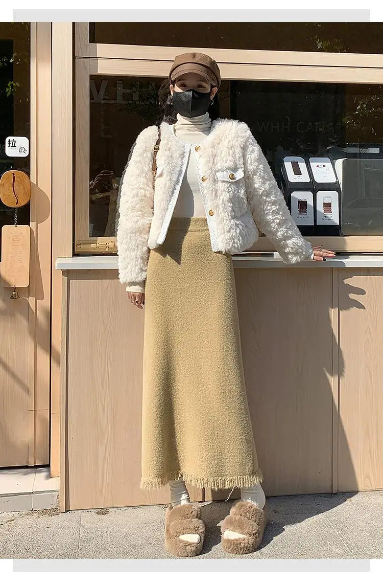 Korean Fashion Black White Tassels Elegant High Waist Long Skirt Women Khaki Slim Versatile Party Skirts 2024 New Autumn Winter