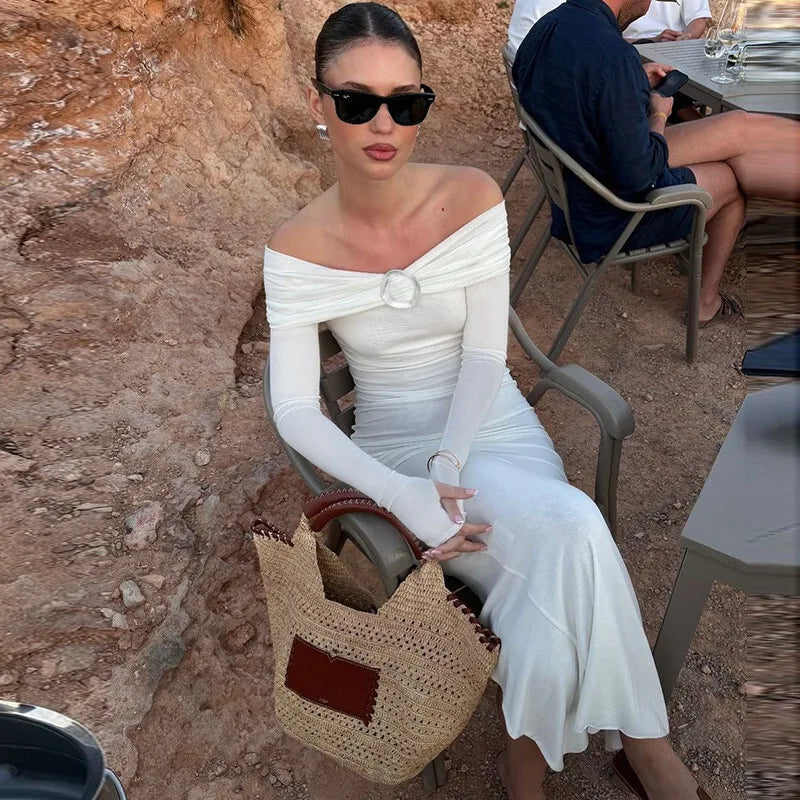 Off-shoulder Long Sleeve Sexy Maxi Dress For Women Autumn New Strapless Backless Bodycon Elegant Club Party Long Dress