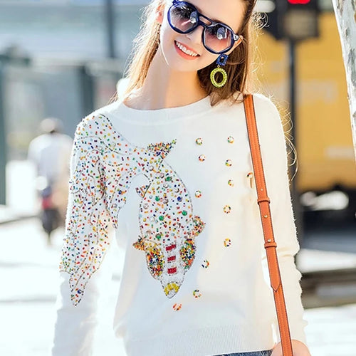 Load image into Gallery viewer, Autumn Female Brand Designer Fashionable High Street New Pullovers Round Neck Cable Knit Goldfish Bead Sweater C-139

