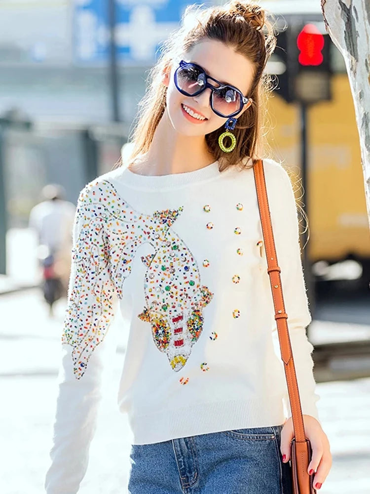 Autumn Female Brand Designer Fashionable High Street New Pullovers Round Neck Cable Knit Goldfish Bead Sweater C-139