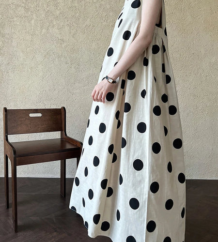 Women White Dot Printed Pleated Big Size Elegant Dress New Round Neck Sleeveless Fashion Tide Spring Summer 2025 1DJ0367