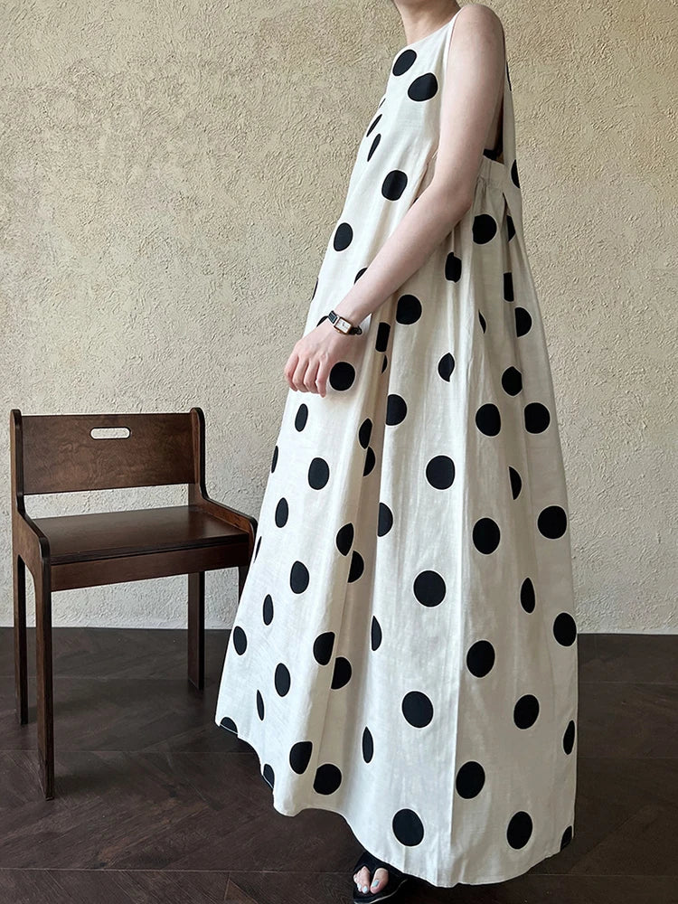 Women White Dot Printed Pleated Big Size Elegant Dress New Round Neck Sleeveless Fashion Tide Spring Summer 2025 1DJ0367