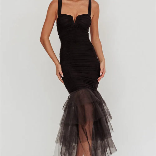 Load image into Gallery viewer, Mesh Backless Sexy Maxi Dress For Women Gown Two Layer Spaghetti Strap Sleeveless Ruched Bodycon Club Party Dress
