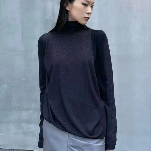 Load image into Gallery viewer, Women Black Irregular Casual T-shirt New Turtleneck Long Sleeve Loose Fit Tees Fashion Tide Spring Autumn 2025 1DH2678
