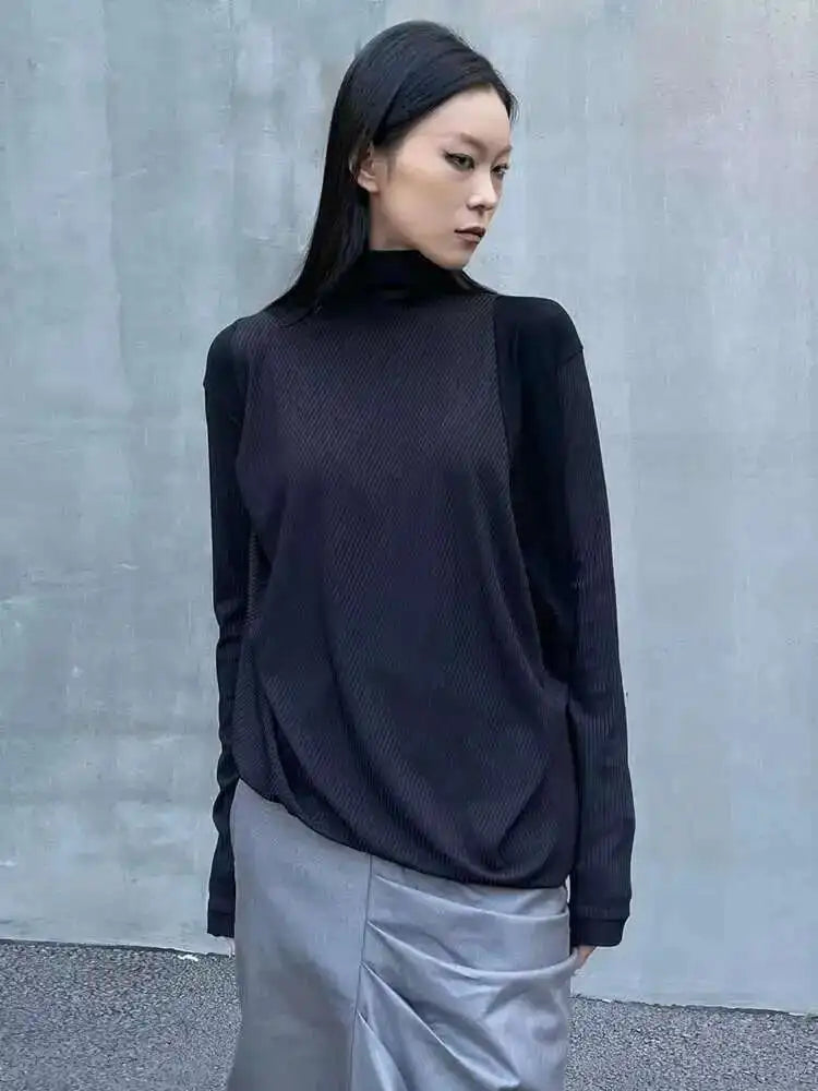 Women Black Irregular Casual T-shirt New Turtleneck Long Sleeve Loose Fit Tees Fashion Tide Spring Autumn 2025 1DH2678