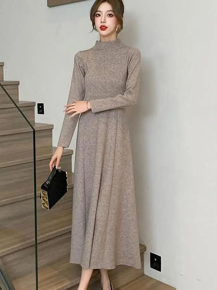 Solid Knitted Sweater Dresses For Women Party Clothing Half Turtleneck Autumn Winter 2023 A-line Warm Long Dress Vintage Casual