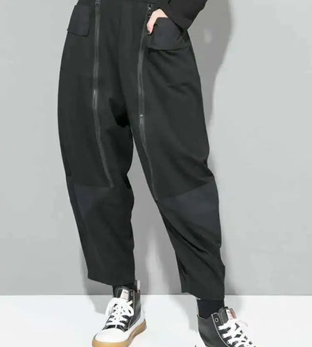 High Elastic Waist Black Zipper Spliced Harem Pants New Loose Fit Trousers Women Fashion Tide Spring Autumn 2025 1DF5321