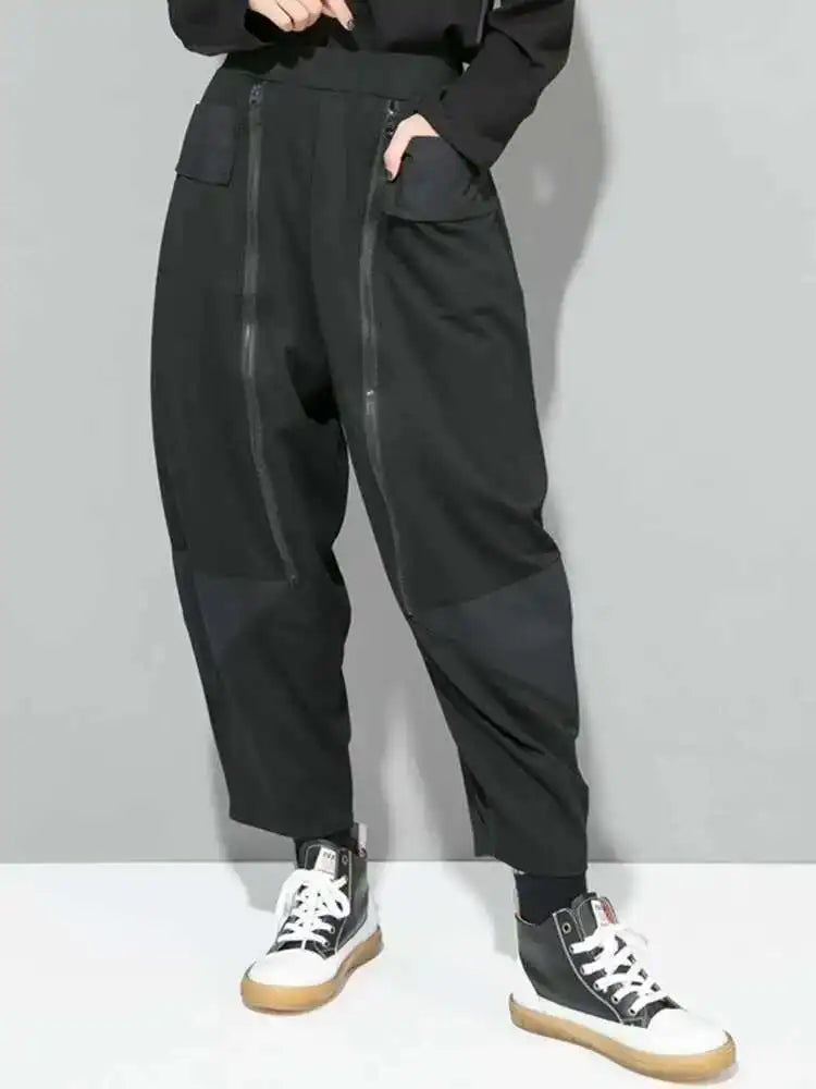 High Elastic Waist Black Zipper Spliced Harem Pants New Loose Fit Trousers Women Fashion Tide Spring Autumn 2025 1DF5321