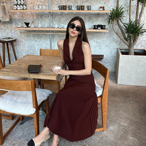 Load image into Gallery viewer, Fashion Skirt Two Piece Sets Women Notched Collar Sleeveless Crop Tops And Midi Skirt Femme Elegant Pleated Skirt Sets
