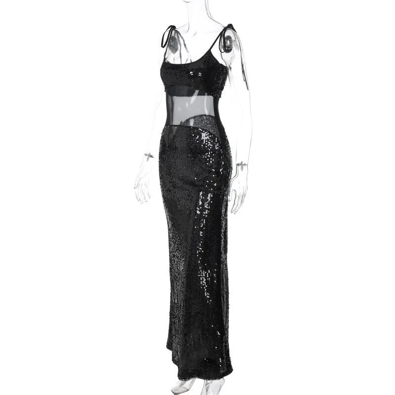 Sheer Mesh Spaghetti Strap Sexy Maxi Dress For Women Gown Glitter Sleeveless Backless High Waist Bodycon Club Dress