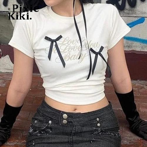 Load image into Gallery viewer, Letter Print Bows Crop Tops Women 2024 Fashion White Black Short Sleeve Graphic T Shirts Y2k Summer Clothes P67-BZ10
